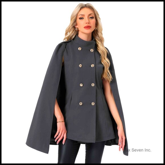 Jackets & Blazers - Cape Coat with Slit Sleeves Double Breasted Wool Blend Winter Cloak